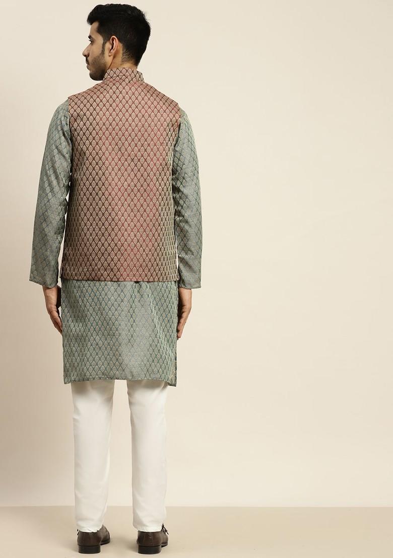 Green Ethnic Motifs Poly Blend Kurta Set For Men