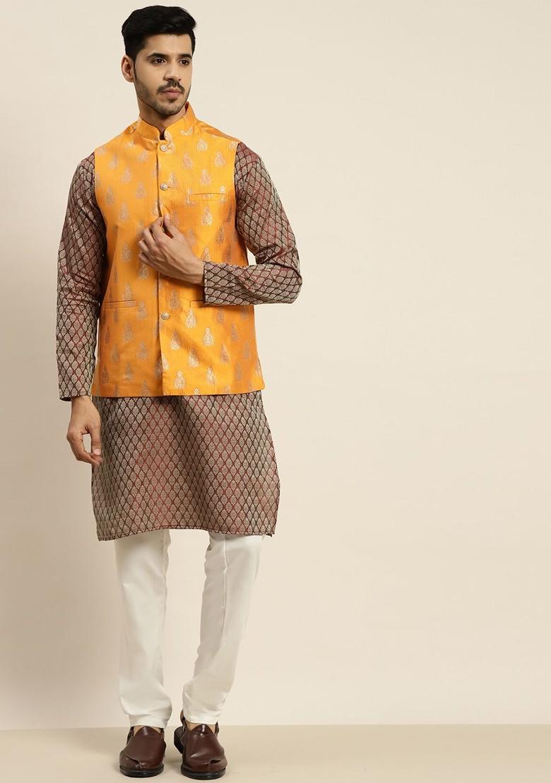 Maroon Ethnic Motifs Poly Blend Kurta Set For Men