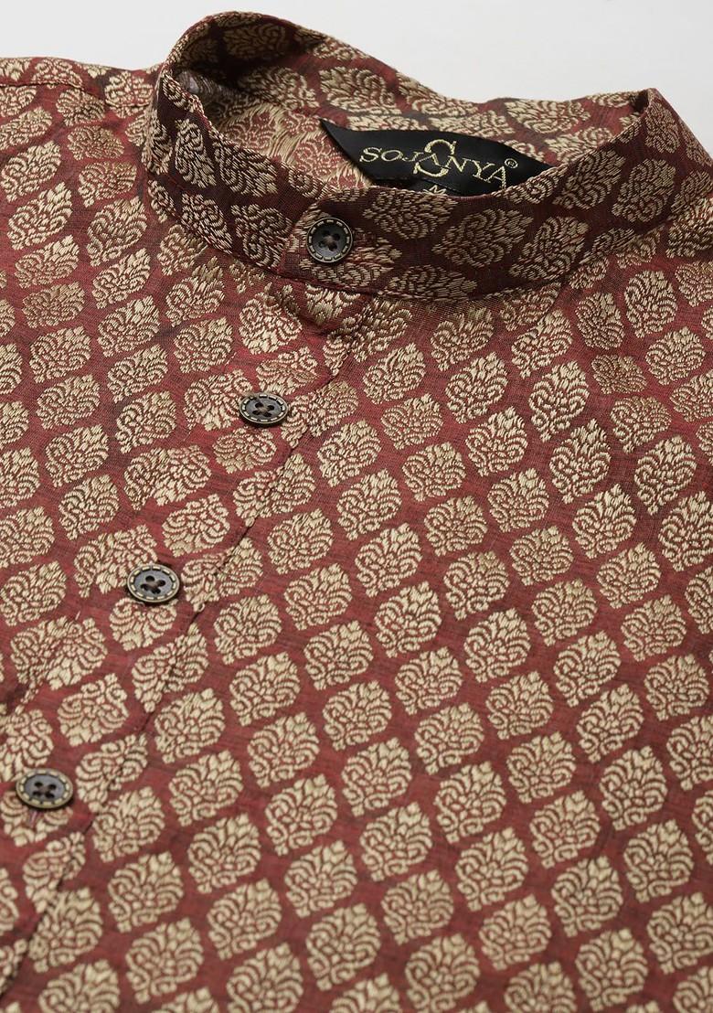Maroon Ethnic Motifs Poly Blend Kurta Set For Men