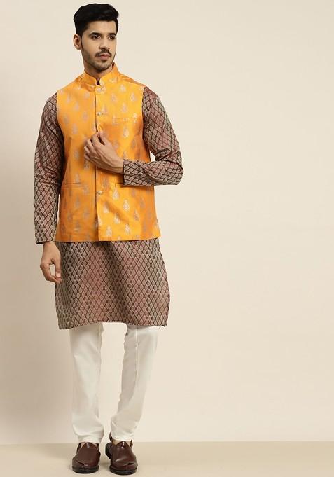 Maroon Ethnic Motifs Poly Blend Kurta Set For Men