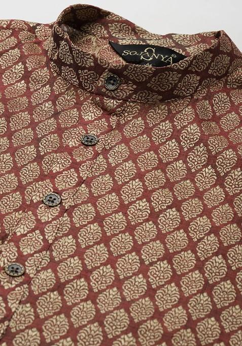 Maroon Ethnic Motifs Poly Blend Kurta Set For Men