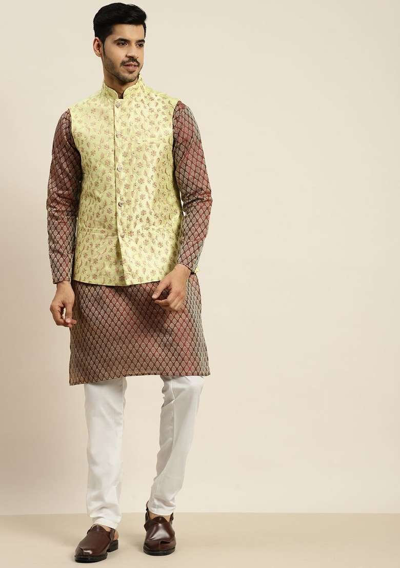 Maroon Ethnic Motifs Poly Blend Kurta Set For Men - Indya