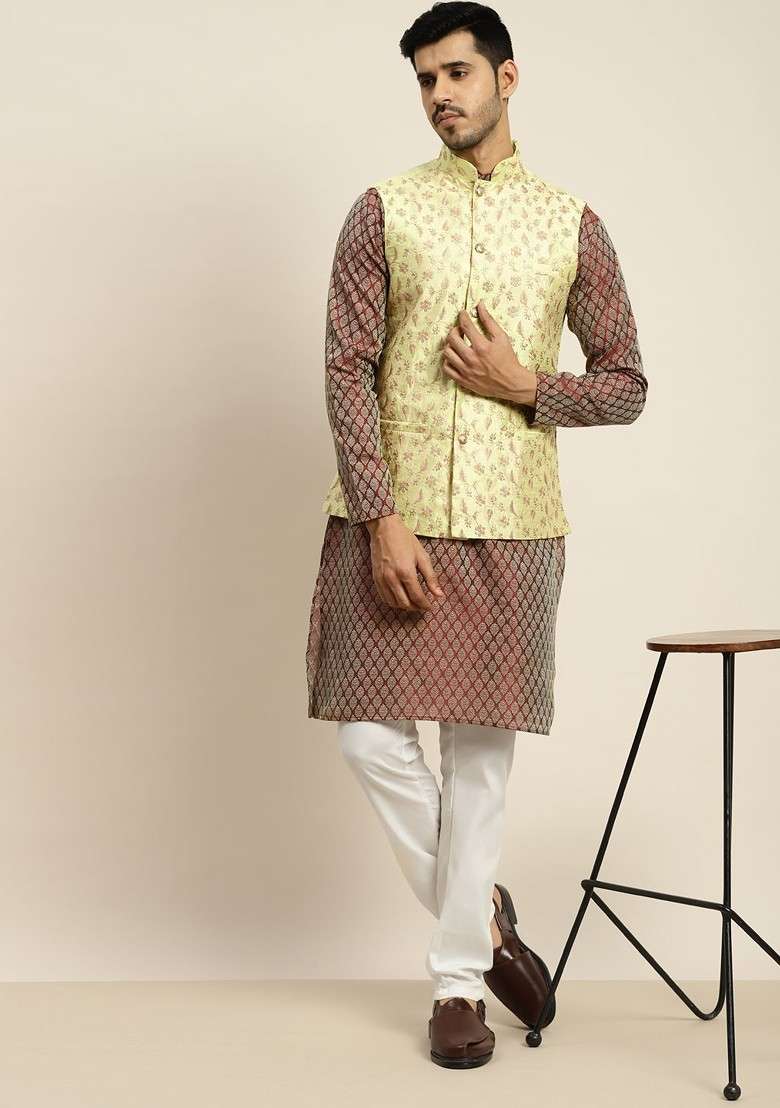 Maroon Ethnic Motifs Poly Blend Kurta Set For Men - Indya