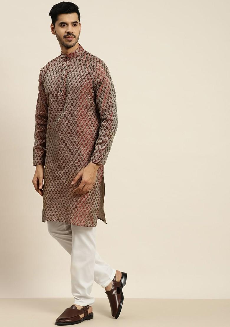 Maroon Ethnic Motifs Poly Blend Kurta Set For Men