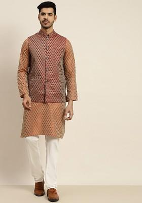 Orange Ethnic Motifs Poly Blend Kurta Set For Men