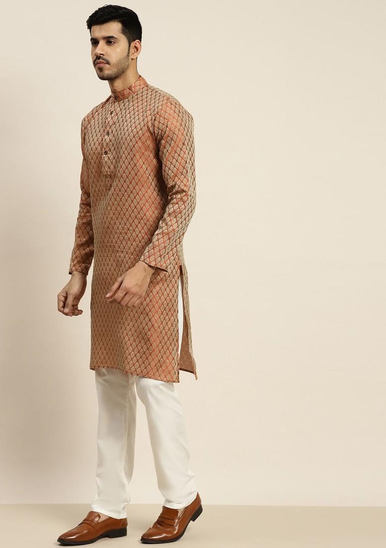 Orange Ethnic Motifs Poly Blend Kurta Set For Men