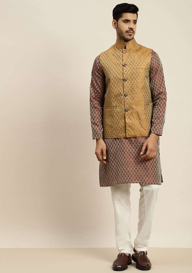 Maroon Ethnic Motifs Poly Blend Kurta Set For Men - Indya