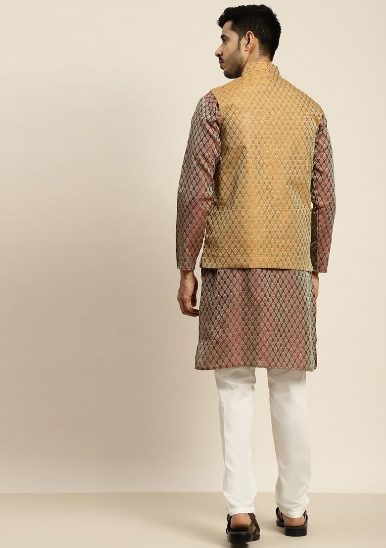 Maroon Ethnic Motifs Poly Blend Kurta Set For Men