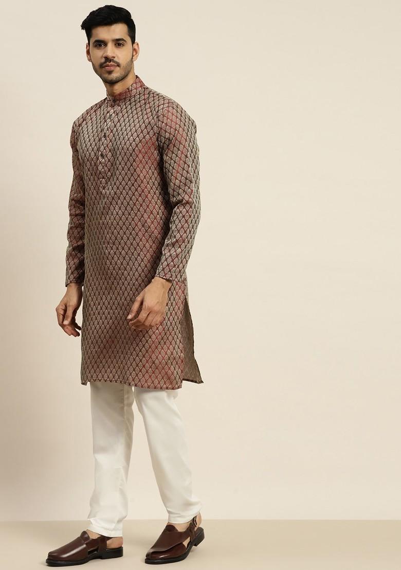 Maroon Ethnic Motifs Poly Blend Kurta Set For Men