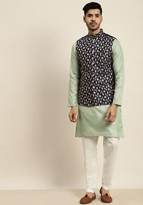 Green Ethnic Motifs Poly Blend Kurta Set For Men