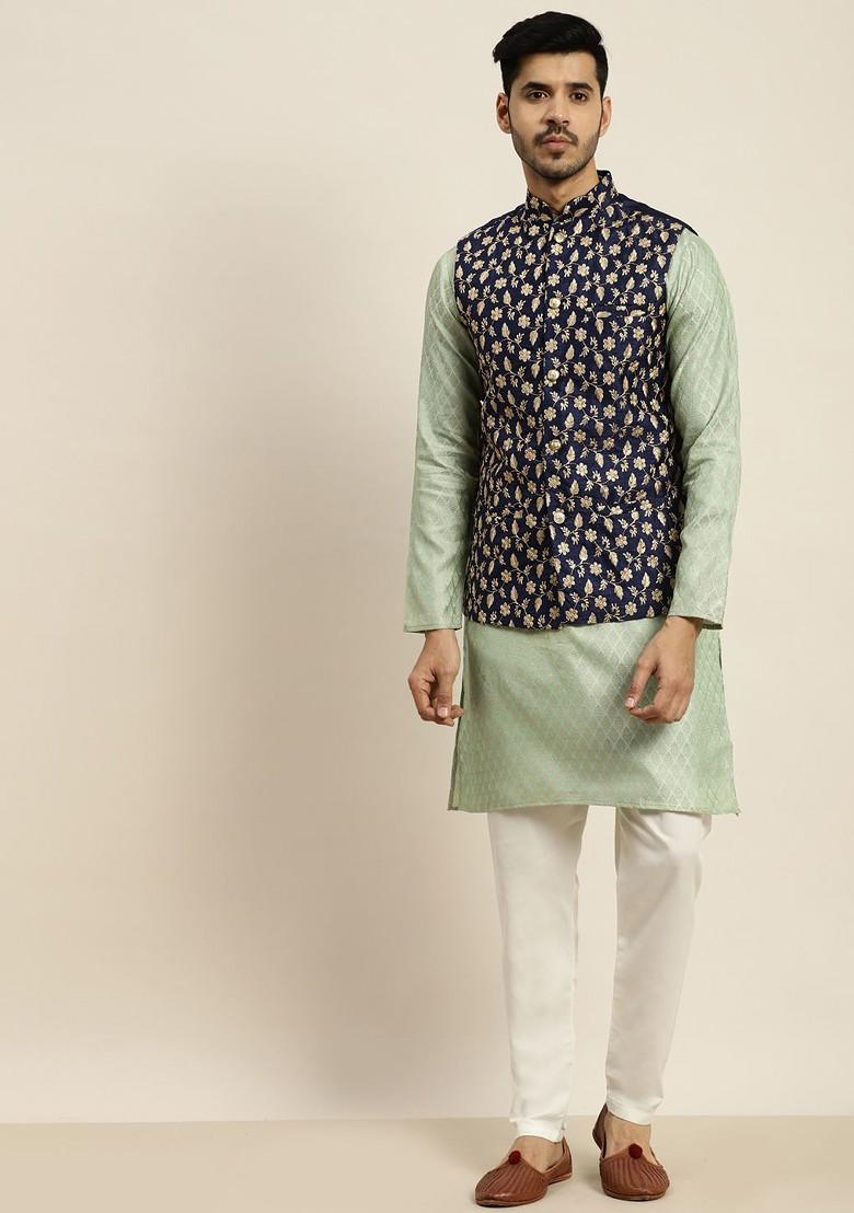 Green Ethnic Motifs Poly Blend Kurta Set For Men