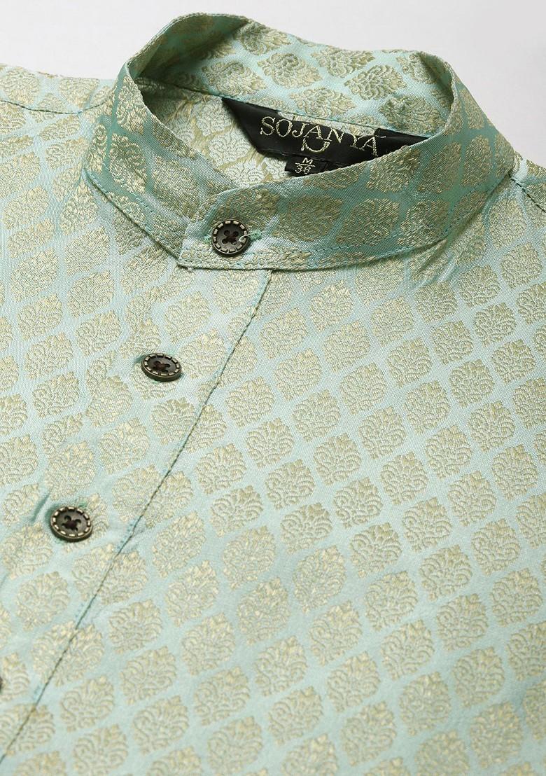 Green Ethnic Motifs Poly Blend Kurta Set For Men