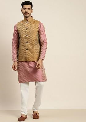 Pink Ethnic Motifs Poly Blend Kurta Set For Men