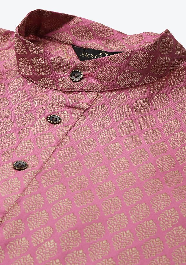 Pink Ethnic Motifs Poly Blend Kurta Set For Men