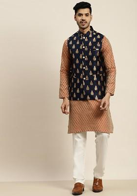 Orange Ethnic Motifs Poly Blend Kurta Set For Men