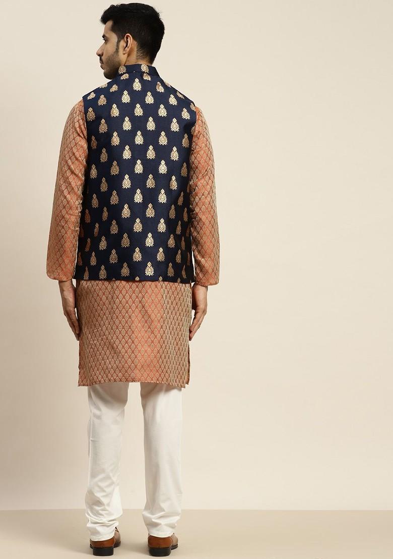 Orange Ethnic Motifs Poly Blend Kurta Set For Men