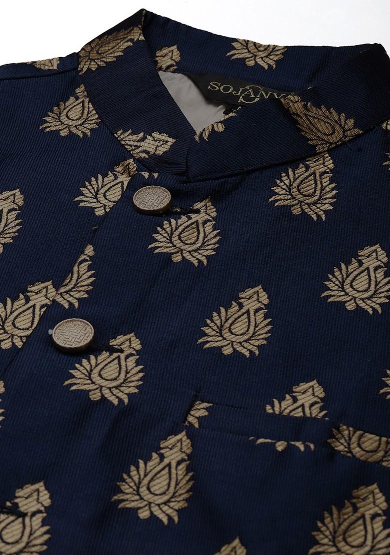 Orange Ethnic Motifs Poly Blend Kurta Set For Men