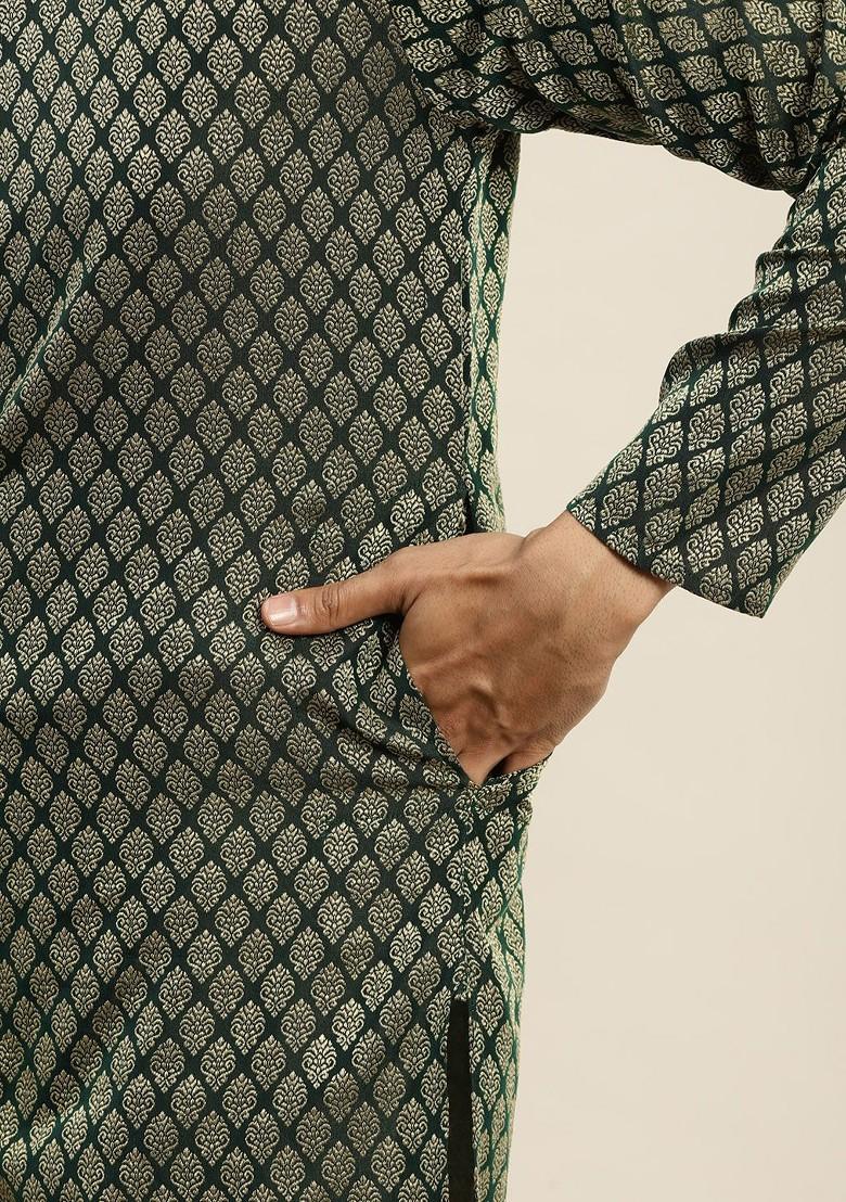 Green Solid Poly Blend Kurta Set For Men