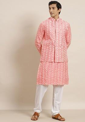 Coral Pink Embroidered Poly Blend Kurta Set For Men