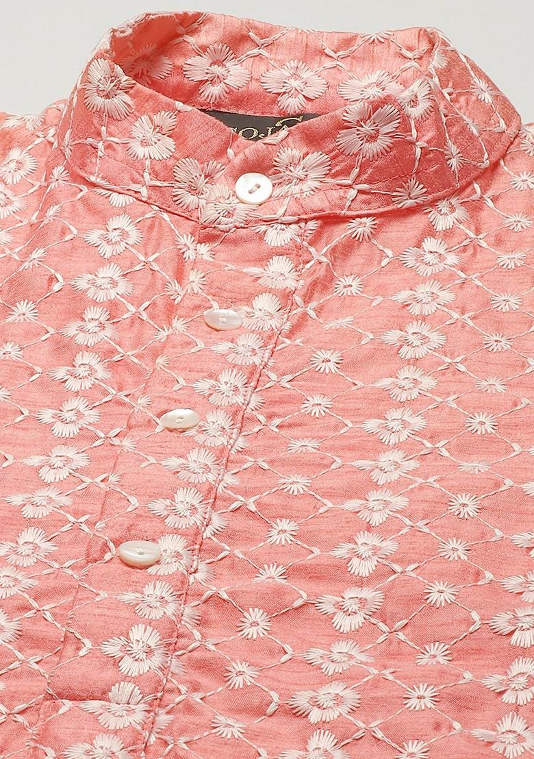 Coral Pink Embroidered Poly Blend Kurta Set For Men