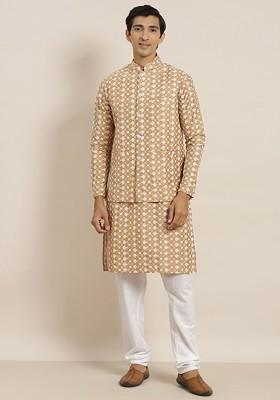 Beige Embroidered Poly Blend Kurta Set For Men