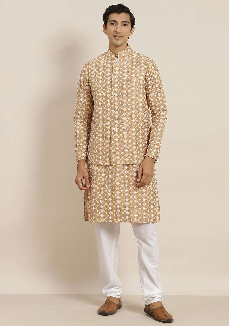 Beige Embroidered Poly Blend Kurta Set For Men - Indya