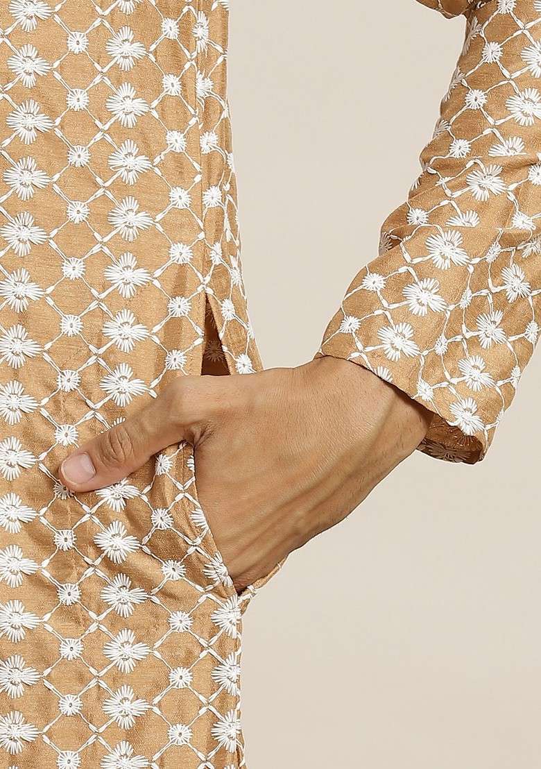 Beige Embroidered Poly Blend Kurta Set For Men - Indya