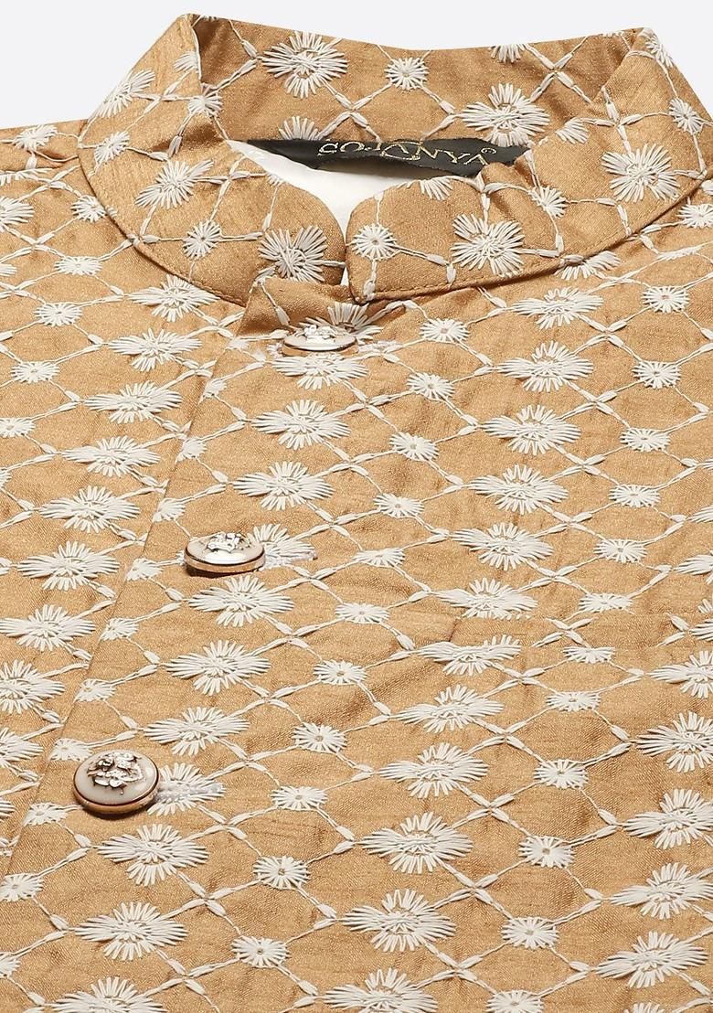 Beige Embroidered Poly Blend Kurta Set For Men