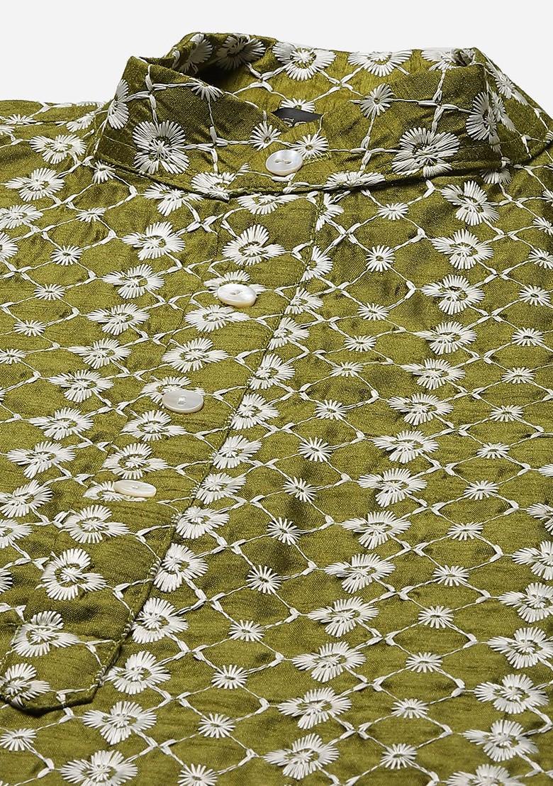 Green Thread Work Poly Blend Kurta Set For Men