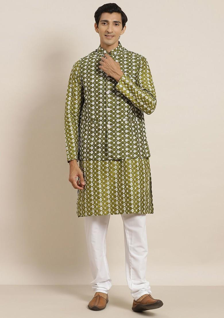 Green Thread Work Poly Blend Kurta Set For Men