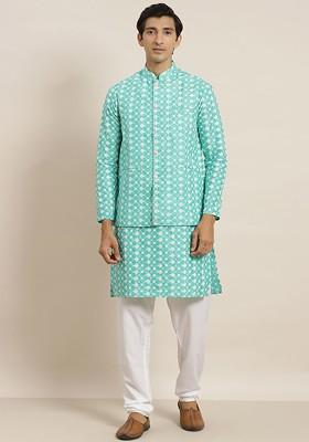Turquoise Blue Embroidered Poly Blend Kurta Set For Men