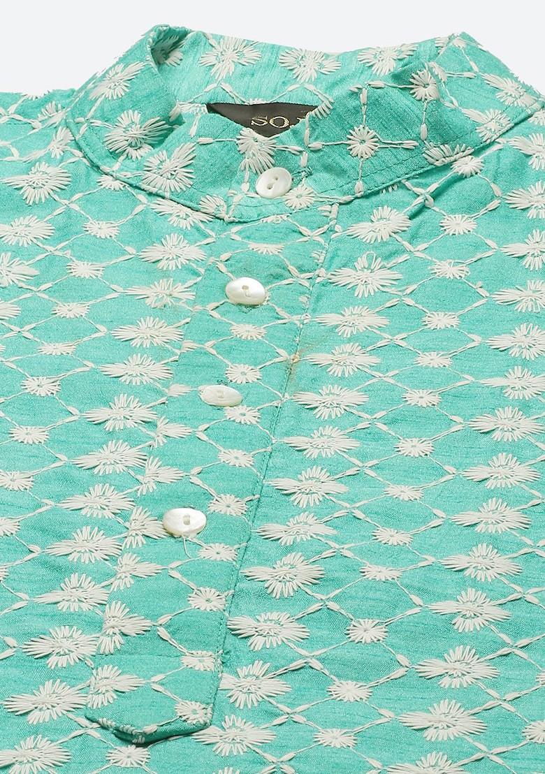 Turquoise Blue Embroidered Poly Blend Kurta Set For Men