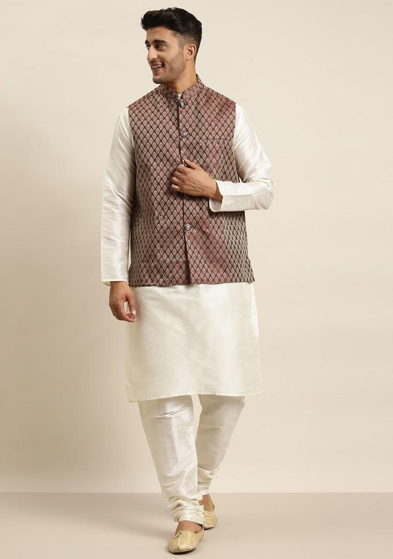 Off White Ethnic Motifs Poly Blend Kurta Set For Men