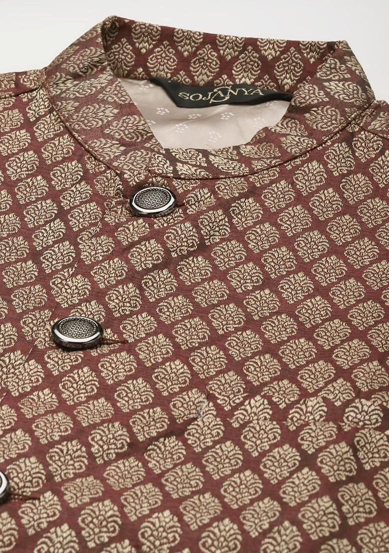 Off White Ethnic Motifs Poly Blend Kurta Set For Men