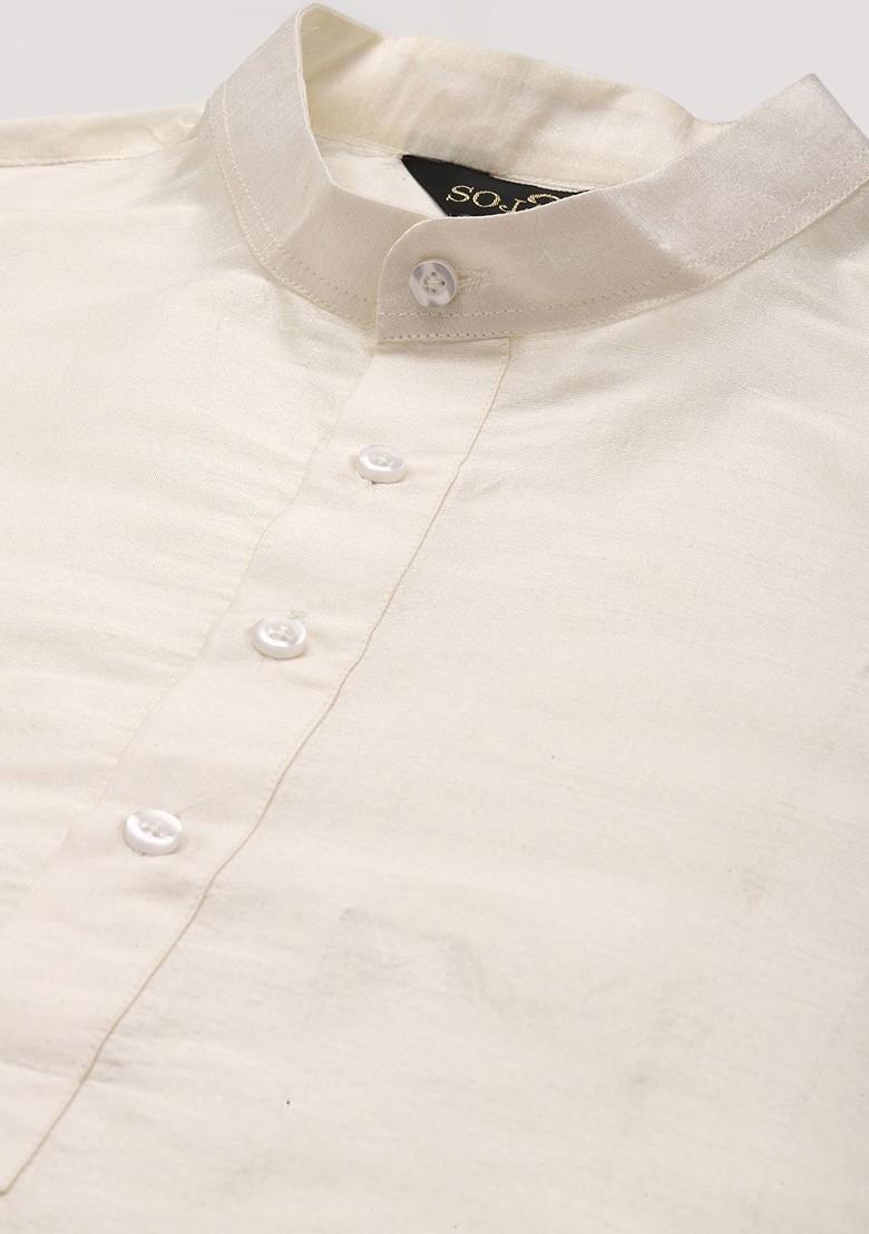 Off White Ethnic Motifs Poly Blend Kurta Set For Men