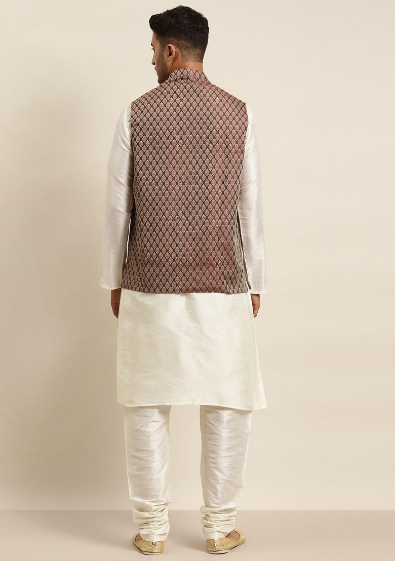 Off White Ethnic Motifs Poly Blend Kurta Set For Men