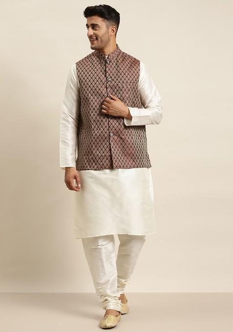 Off White Ethnic Motifs Poly Blend Kurta Set For Men