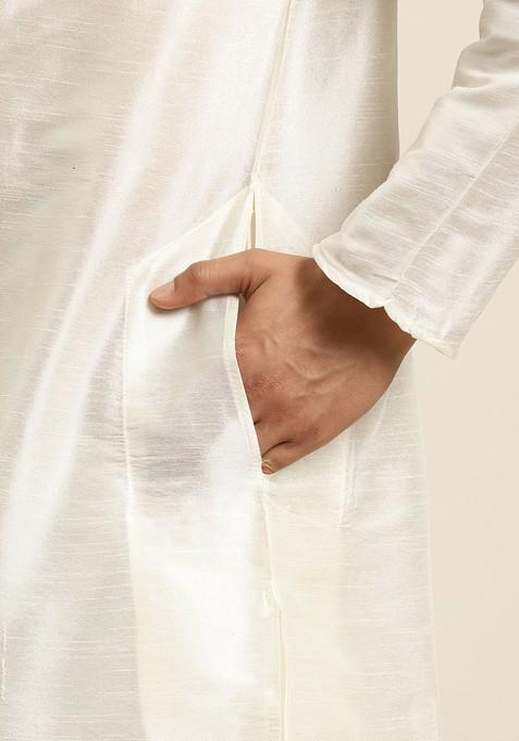 Off White Ethnic Motifs Poly Blend Kurta Set For Men