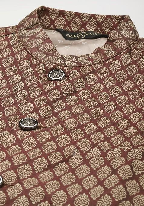 Off White Ethnic Motifs Poly Blend Kurta Set For Men