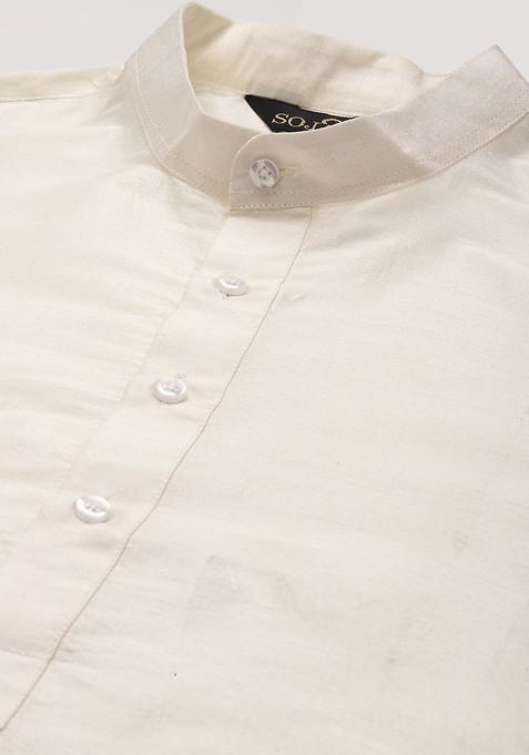 Off White Ethnic Motifs Poly Blend Kurta Set For Men