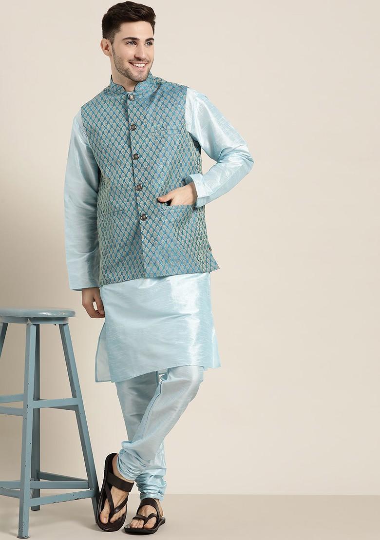 Blue Solid Poly Blend Kurta Set For Men