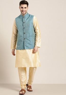 Beige Solid Jacquard Kurta Set For Men