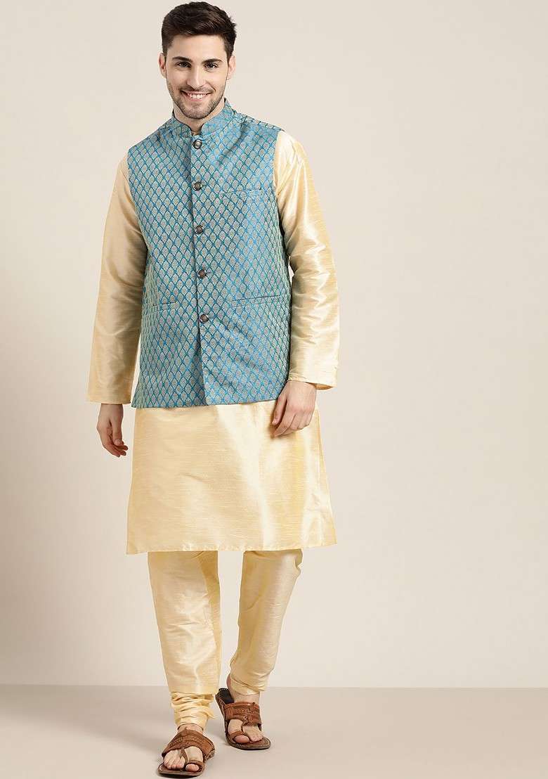 Beige Solid Jacquard Kurta Set For Men - Indya