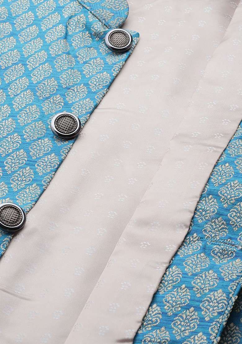 Beige Solid Jacquard Kurta Set For Men - Indya