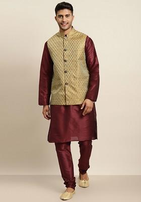 Maroon Ethnic Motifs Jacquard Kurta Set For Men