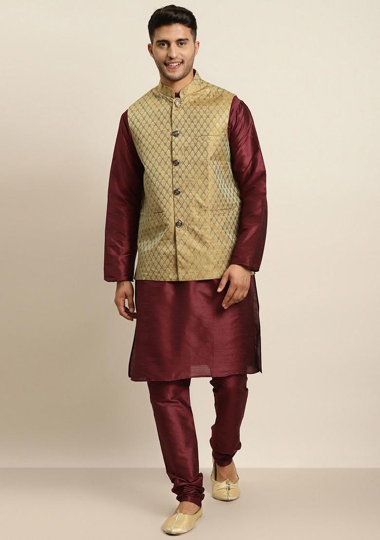 Maroon Ethnic Motifs Jacquard Kurta Set For Men