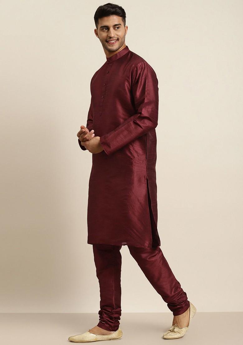 Maroon Ethnic Motifs Jacquard Kurta Set For Men