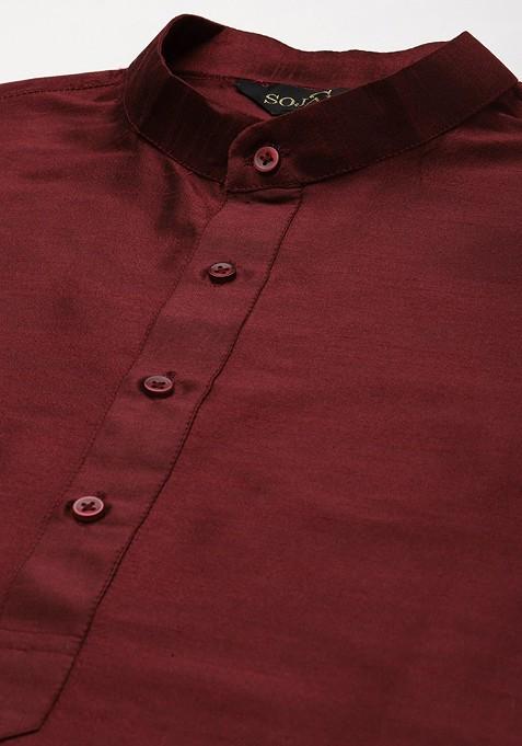 Maroon Ethnic Motifs Jacquard Kurta Set For Men