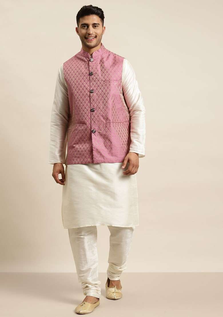Off White Ethnic Motifs Poly Blend Kurta Set For Men - Indya