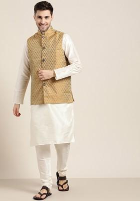 Off White Ethnic Motifs Poly Blend Kurta Set For Men